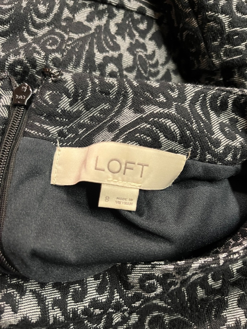 LOFT Black & Gray Jacquard Floral 3/4 Sleeve A-Line Dress - Picture 15 of 16